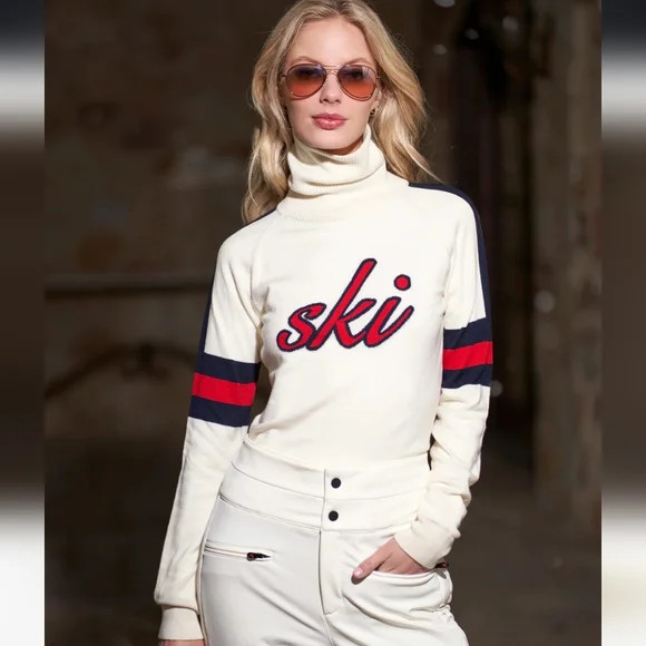 Perfect Moment Cream Turtleneck Sweater with Red and Blue Accents | Poshmark