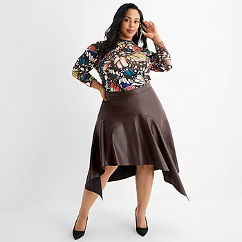 new!Ashley Graham Womens Plus Midi Faux Leather Asymmetrical Skirt | JCPenney