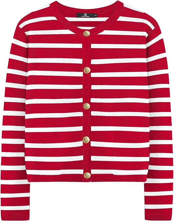 LILLUSORY Women's Casual Dressy Cardigan Sweaters Crew Neck Lady Jacket with Patch Pockets | Amazon (US)