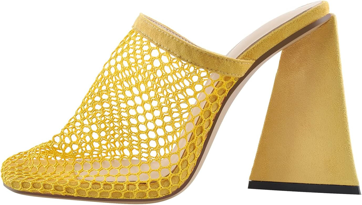 onlymaker Women' Square Close Toe Mesh Fishnets Mules Chunky High Heel Sandals | Amazon (US)