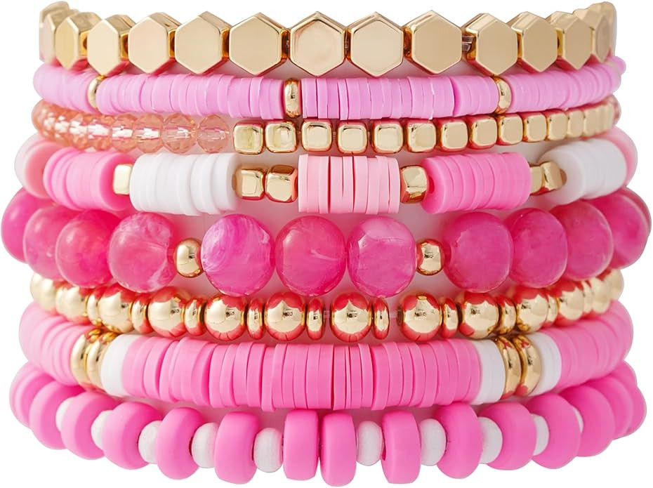 GOOJIDS Surfer Heishi Clay Bead Bracelets for Women Bohemian Stackable Gold Plated Beaded Stretch... | Amazon (US)