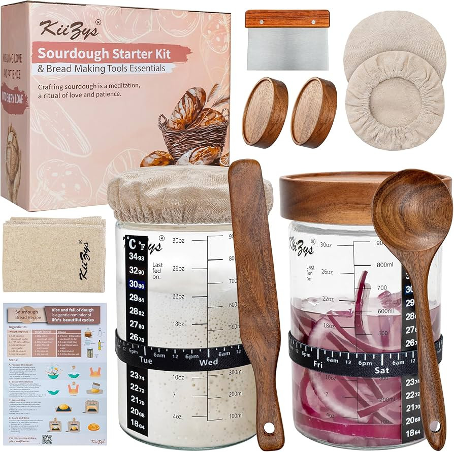 KIIZYS Sourdough Starter Kit – 2 x 34 oz Wide-mouthed Glass Jars, with Acacia Koa & Beechwood Utensils & Lids – Organic Cotton Fabrics, Tracker Bands, & Temp Stickers - Sourdough Bread Baking | Amazon (US)