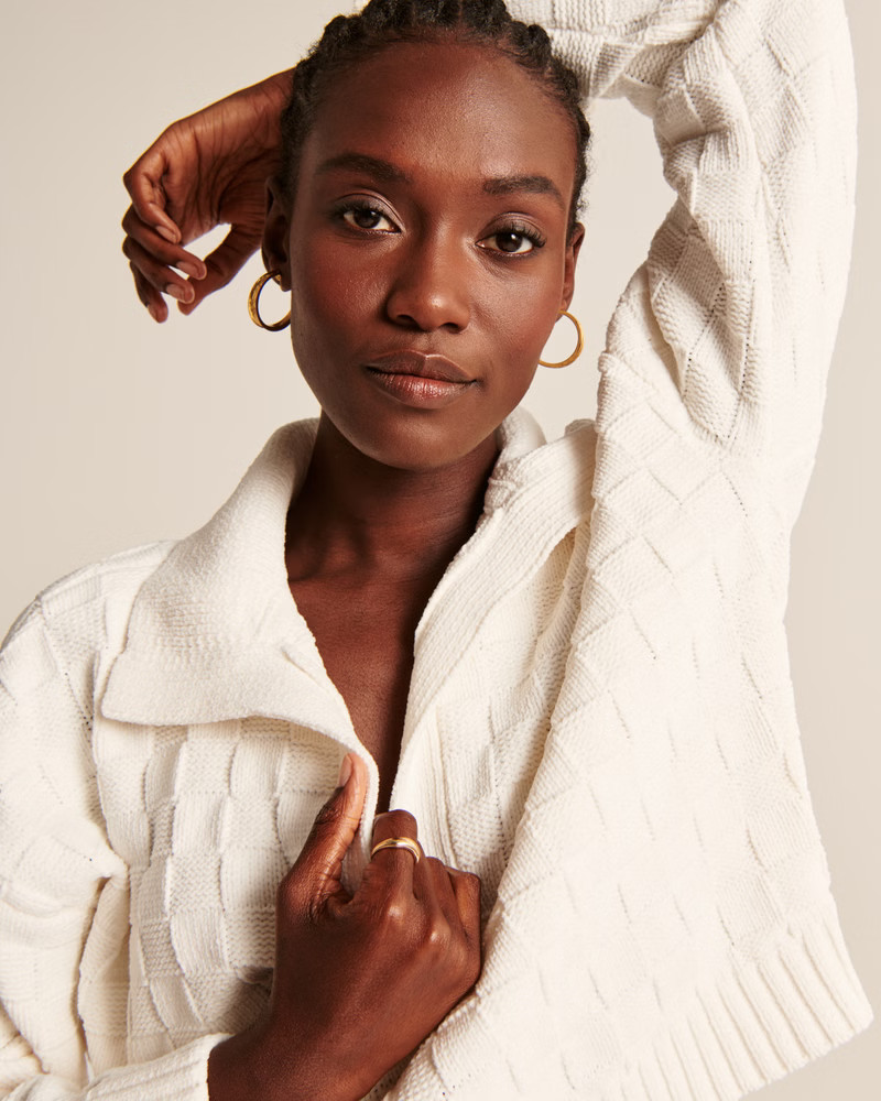 Women's Checkerboard Stitch Notch-Neck Sweater | Women's | Abercrombie.com | Abercrombie & Fitch (US)