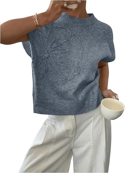 QJQ Women's Short Sleeve Sweater Vest 3D Flower Floral Decor Knit Crewnek Anthropologie Clothes T... | Amazon (US)