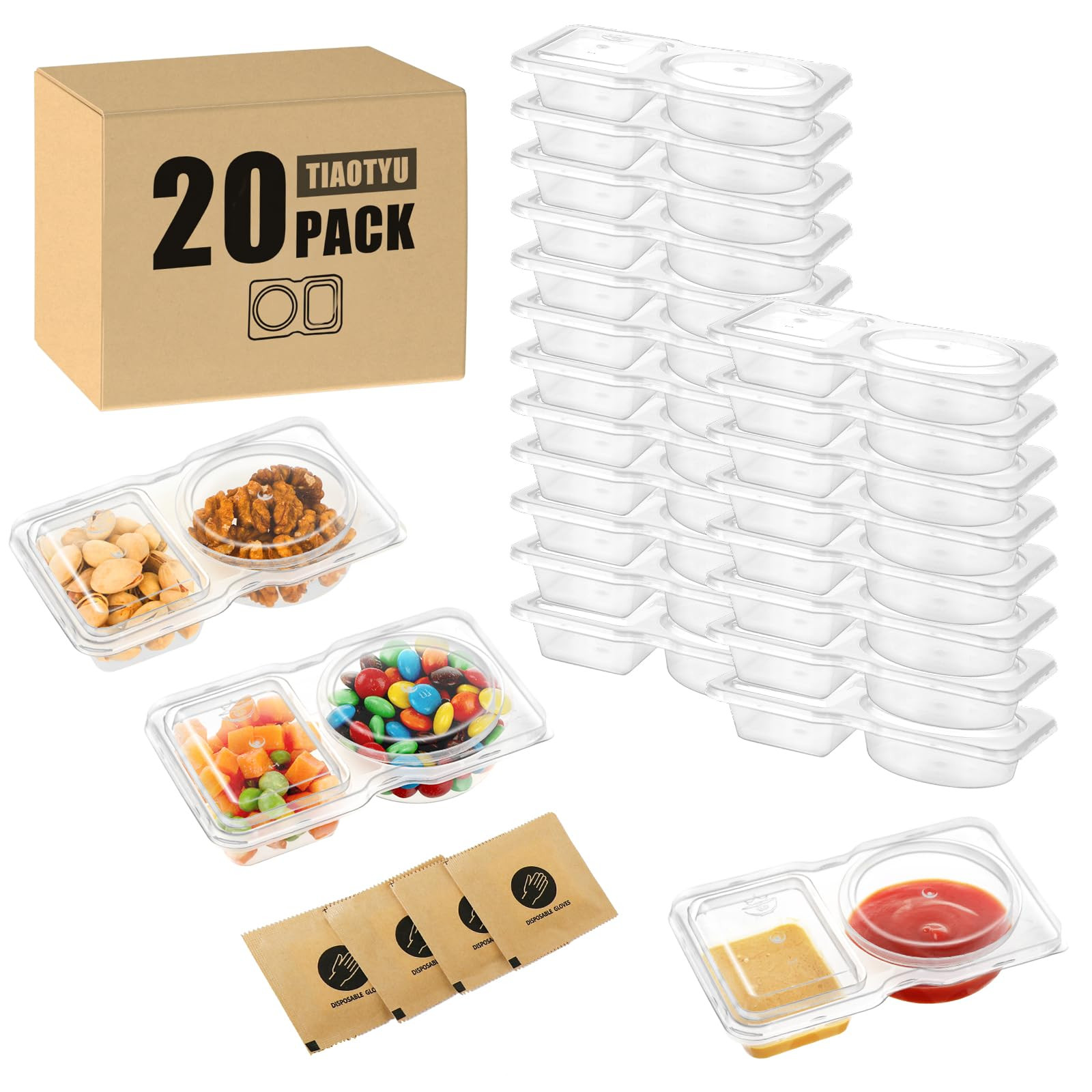 20 Pack Leak-Proof Dual Compartment Containers with Lids, Reusable Sauce Cups for Dips, Condiment... | Amazon (US)