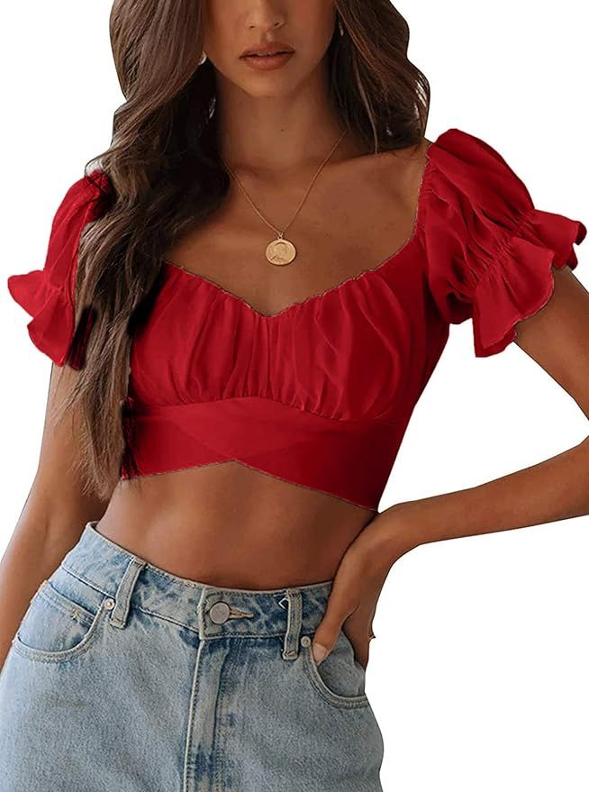 Avanova Women's Ruffle Short Sleeve Off Shoulder Tie Up Back Crop Blouse Top Red Large at Amazon ... | Amazon (US)