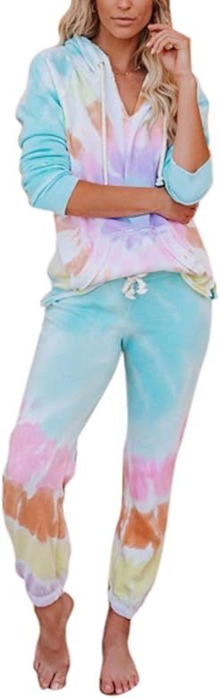 Fixmatti Women 2 Piece Tie Dye Sweatsuit Pullover Shirts and Drawstring Sweatpants Set | Amazon (US)