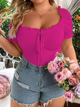 SHEIN WYWH Plus Size Puff Sleeve T-Shirt With Tie Neck And Ruffle Hem | SHEIN