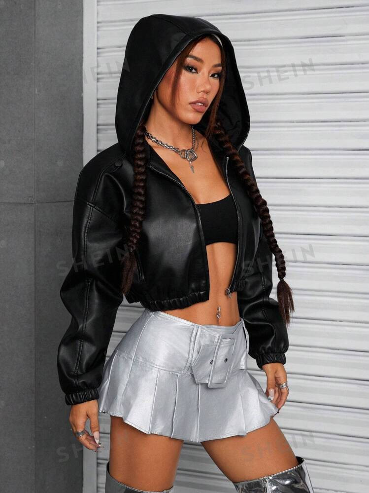 SHEIN HypeZone Women's Solid Color Drop Shoulder Long Sleeve PU Leather Front Zipper Cropped Hood... | SHEIN