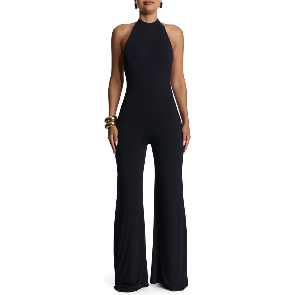 Naked Wardrobe Open Back Halter Wide Leg Jumpsuit in Black at Nordstrom, Size Large | Nordstrom