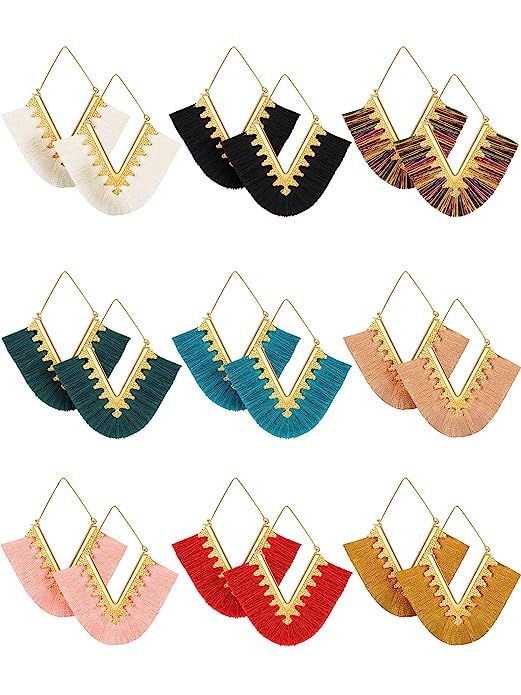 9 Pairs Tassel Statement Earrings Bohemian Fringe Silky Dangle Earrings V Shaped Handmade Geometr... | Amazon (US)