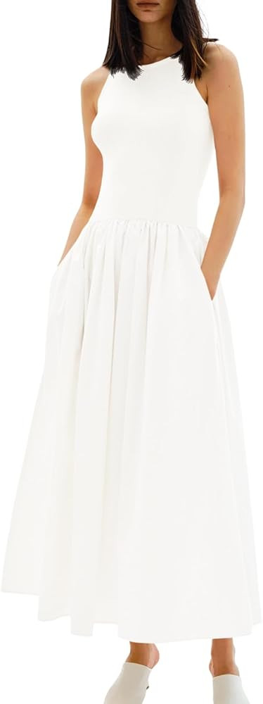 Wenrine Women's Summer Casual Sleeveless Maxi Dress Patchwork Crewneck Flowy Tank Dresses with Po... | Amazon (US)