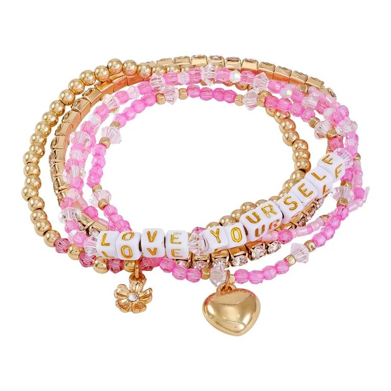 No Boundaries Women's Mantra Pink and Gold Tone Beaded Word Stretch Bracelet Set. | Walmart (US)