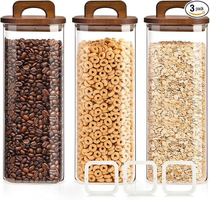 Glass Storage Containers With Lids, 3 Set of 67oz Food Jars With Acacia Wood Lids, Glass Canister... | Amazon (US)