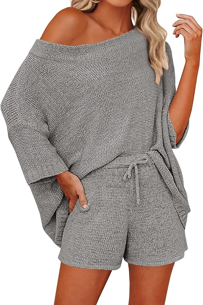 Women's 2 Piece Outfits Sweater Sets Off Shoulder Knit Top Shorts Matching Suits Cute Pajama Loun... | Amazon (US)