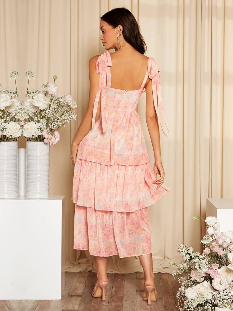 Women Dresses Tie Dye Knot Shoulder Layered Ruffle Hem Chiffon Slip Dress (Color : Multicolor, Si... | Amazon (US)