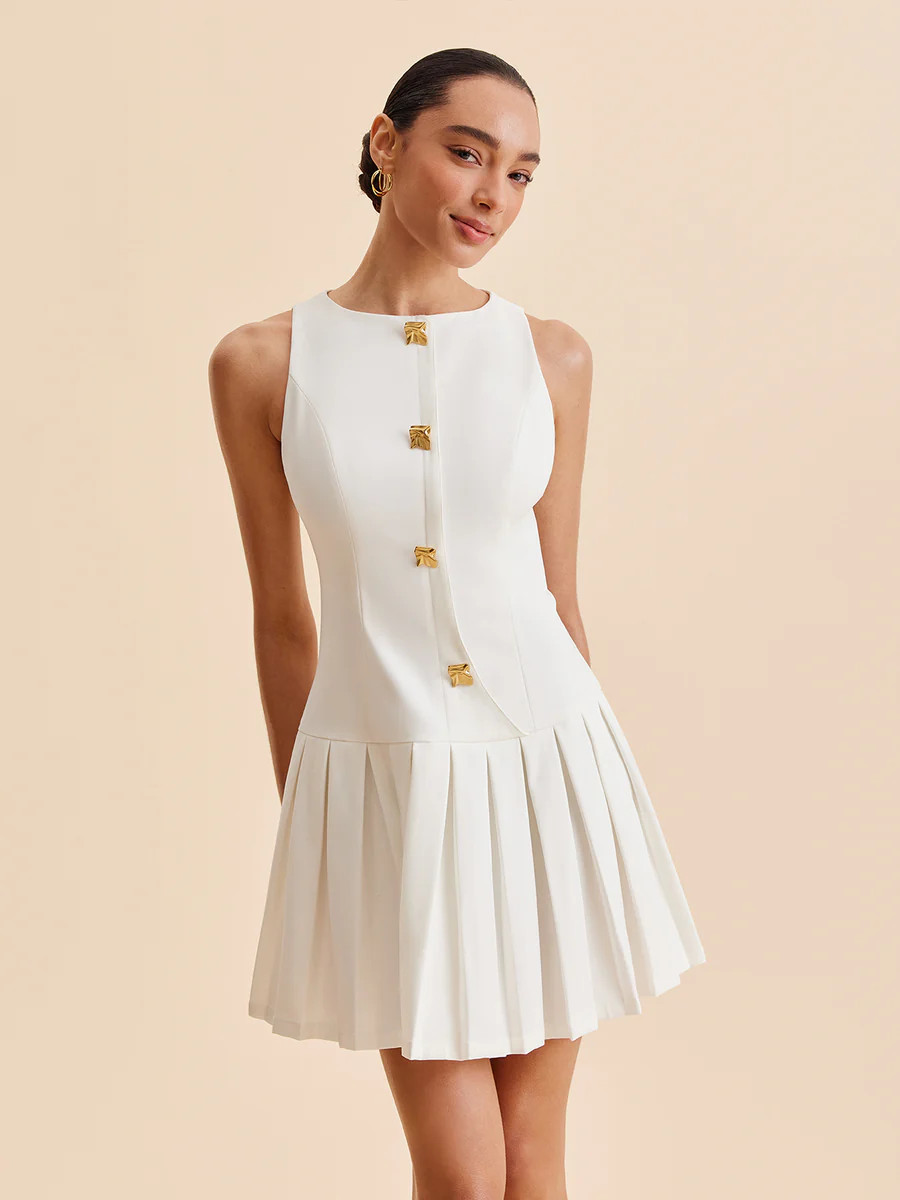 Metal-Button Pleated Tank Dress | Commense