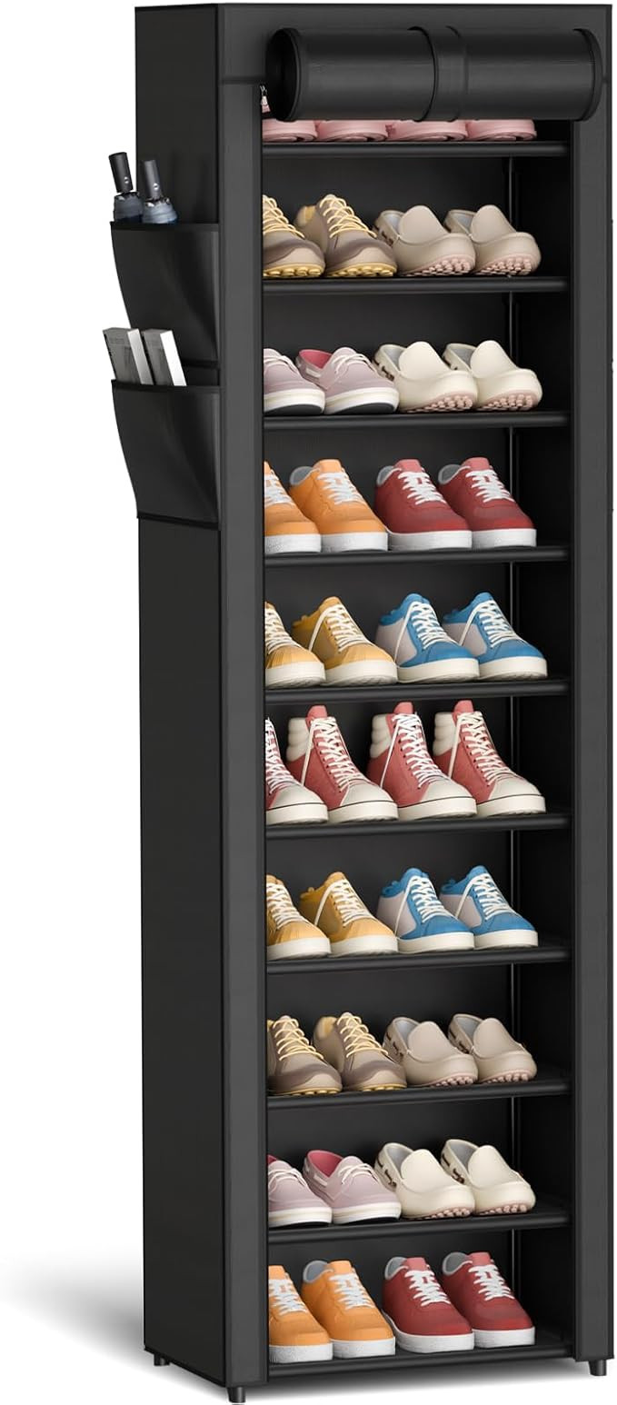 Kitsure Shoe Rack - 10-Tier Large Capacity Shoe Organizer Shelf with Dust Cover & Side Pockets, R... | Amazon (US)