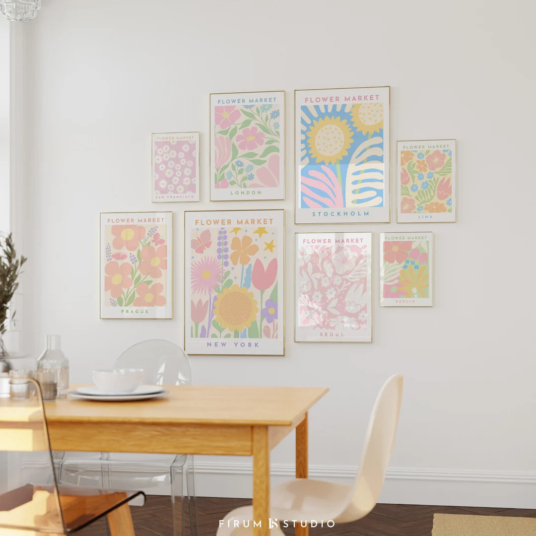 Flower Market Set of 8 Downloadable Art Prints, Colourful Wall Gallery, Pastel Aesthetic Wall Art... | Etsy (US)