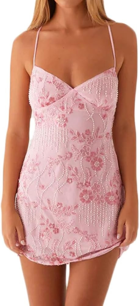 Women Y2k Sequin Sparkly Rhinestone Bodycon Mini Dress Sexy Floral Glitter Tie Back Criss Cross S... | Amazon (US)