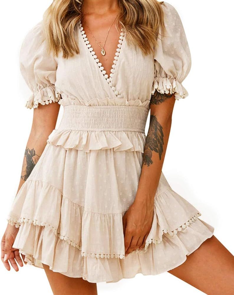 Women's Polka Dot Dress Casual Wrap V-Neck Mini Dress Short Sleeve Double Ruffle Hem Petite Short... | Amazon (US)