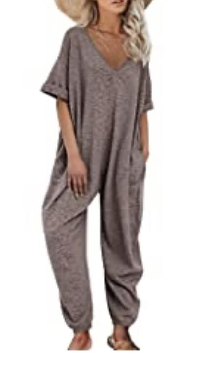 Nirovien Women's Solid Color V Neck Jumpsuits Half Sleeve Long Rompers Beam Foot Baggy Overalls P... | Amazon (US)