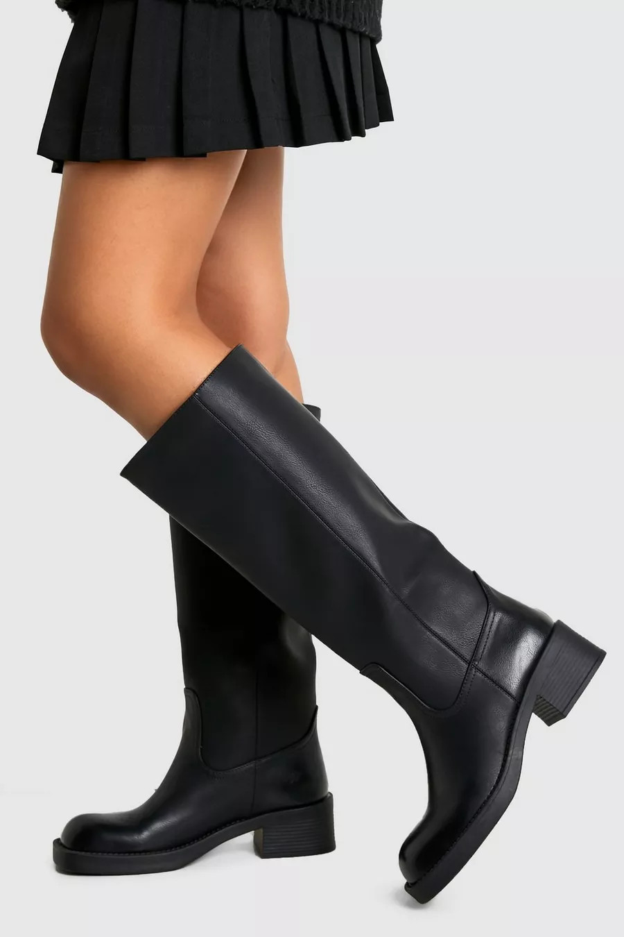 Vintage Look Burnished Toe Column Knee High Boot | boohoo (US & Canada)