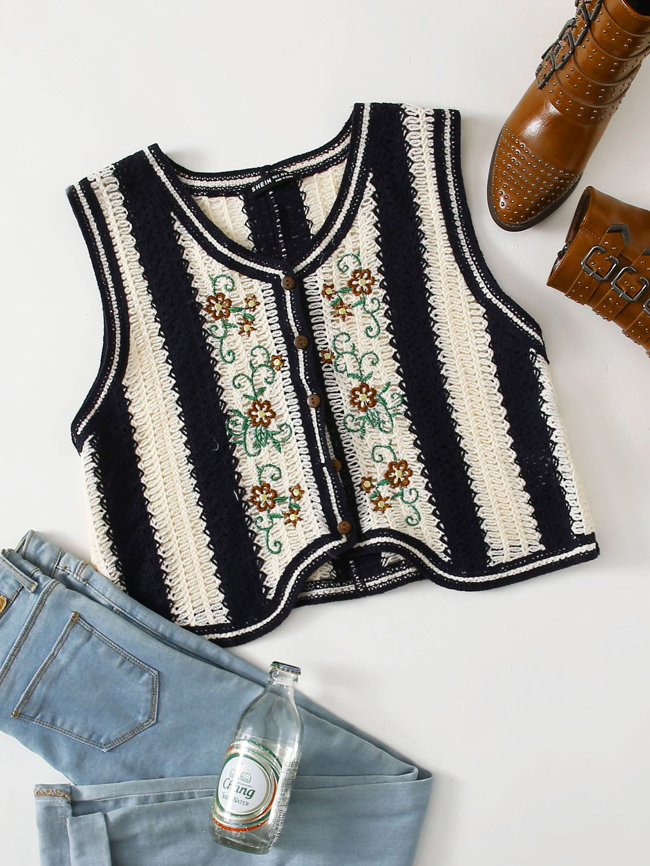 Floral Embroidery Vest Cardigan | SHEIN