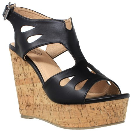 Slingback T-Strap Cork Wedge Sandal Black Size 10 | Walmart (US)
