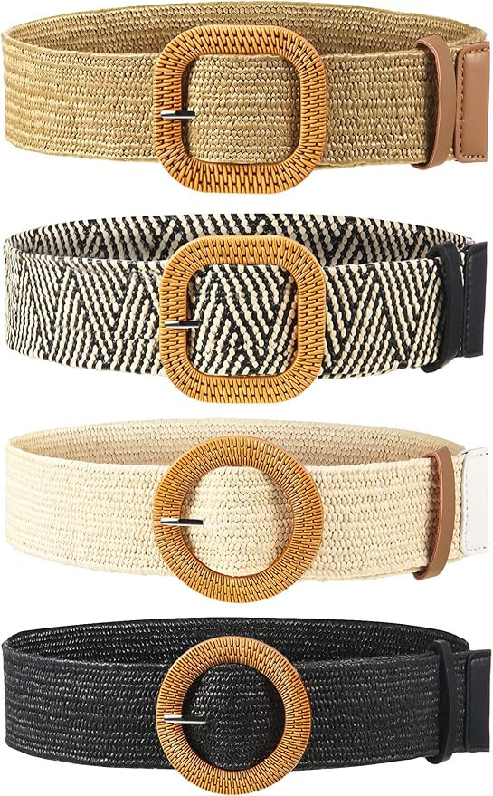 4 Pieces Straw Woven Elastic Stretch Waist Belt Women Skinny Dress Belt Wooden Style Buckle Waist... | Amazon (US)