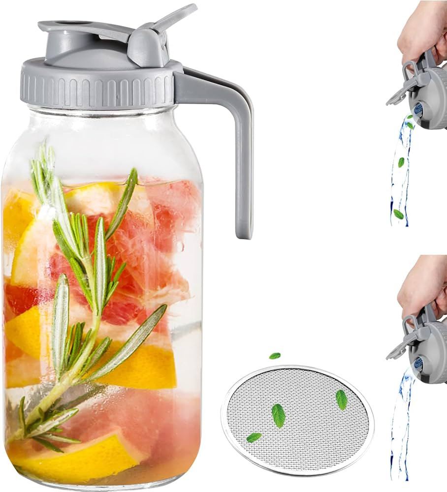 Glyntrof Mason Jar Glass Pitcher, 64 Oz Heavy Duty Filter Water Jug with Pour Spout Handle Lid fo... | Amazon (US)