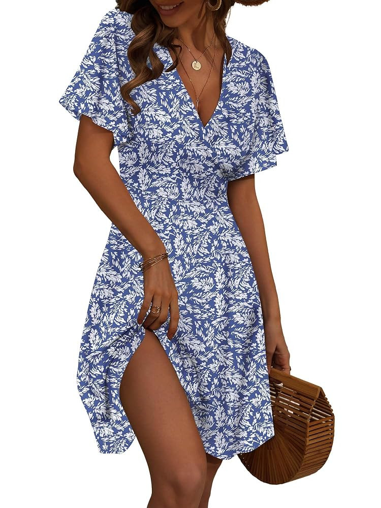 FENSACE Womens Sundress Summer Floral Short Sleeve Wrap V Neck A-Line Midi Dress | Amazon (US)