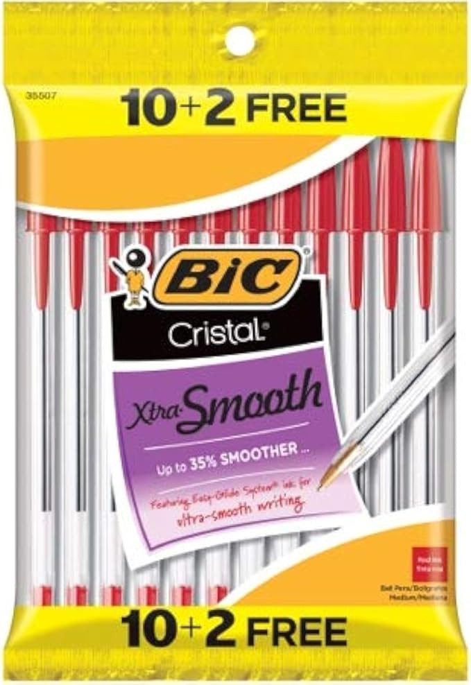Bic Cristal Xtra-Smooth Ball Pen - 10 plus 2 Bonus Pack (12 count) - Red Medium Point Ballpoint P... | Amazon (US)