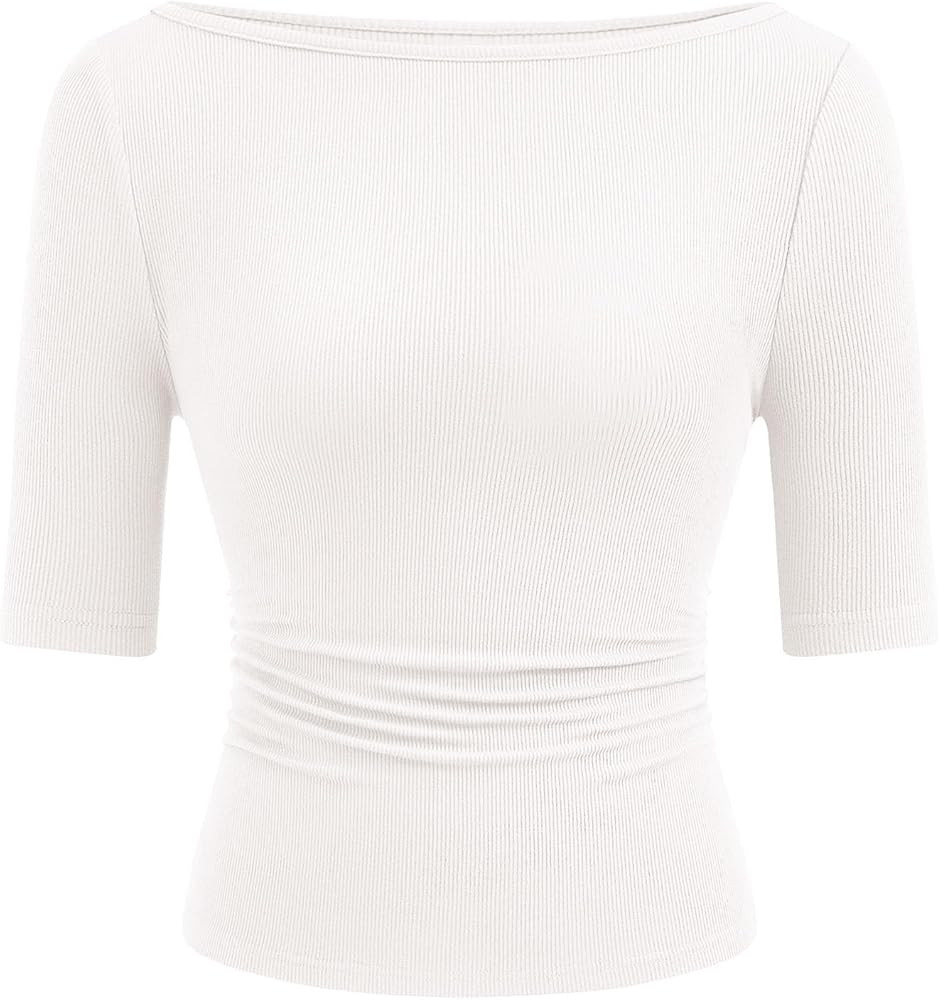 PRETTYGARDEN Womens Summer Short Sleeve Tops Boat Neck Ribbed Knit Slim Fit T Shirt Casual Basic ... | Amazon (US)
