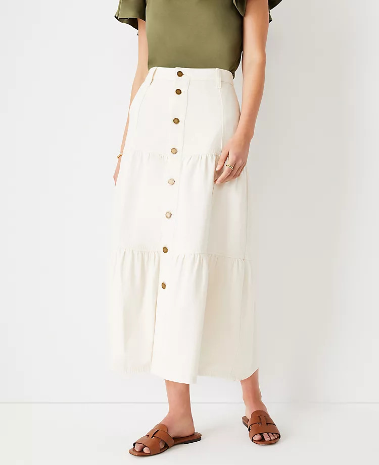 Petite Denim Button Tiered Midi Skirt | Ann Taylor (US)