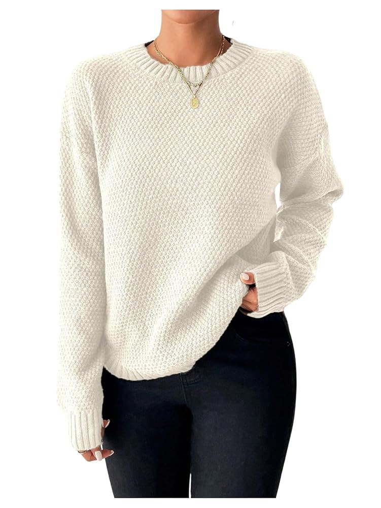 OYOANGLE Women's Crew Neck Split Hem Sweater Textured Long Sleeve Drop Shoulder Pullover Jumper T... | Amazon (US)