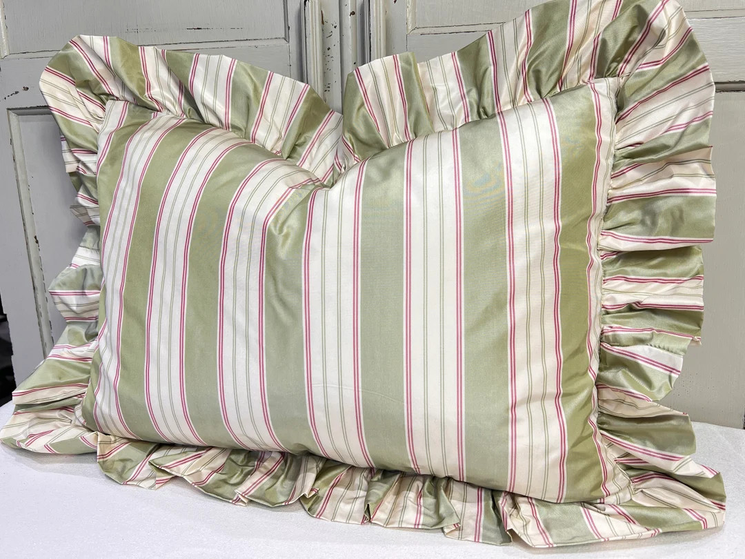 Luxury Designer Frilled Striped Green Pink Lumbar Silk Cushion Pillow Throw Cover - Etsy | Etsy (US)