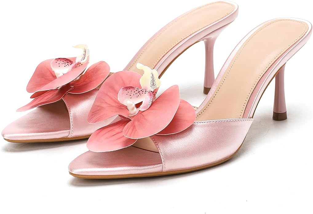 Women'S Satin Pointed Open Toe Stiletto High Heel Mules Sandals With 3D Flowers Decoration Sexy B... | Amazon (US)