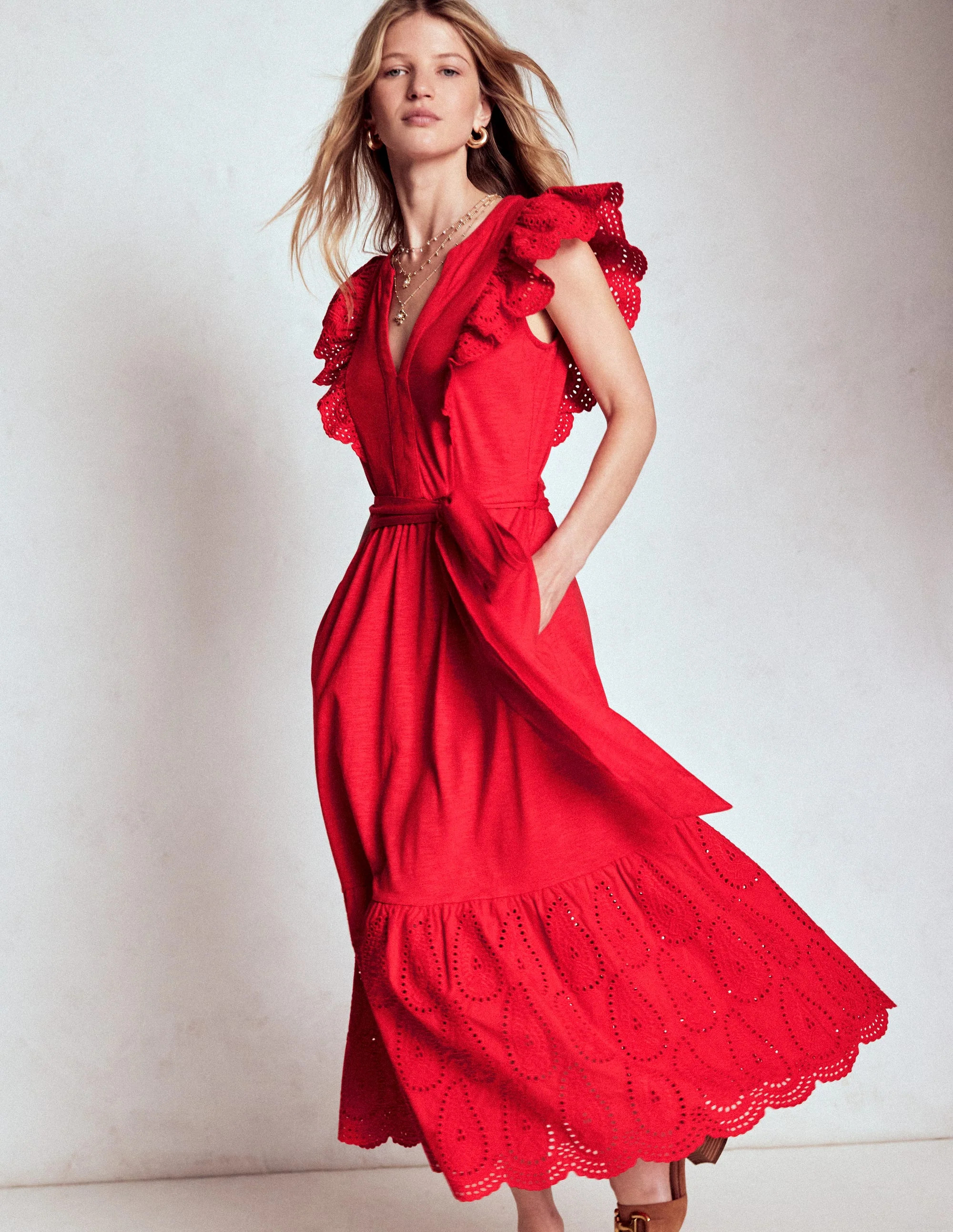 Ruffle Detail Tier Midi Dress-Poppy Red | Boden (US)