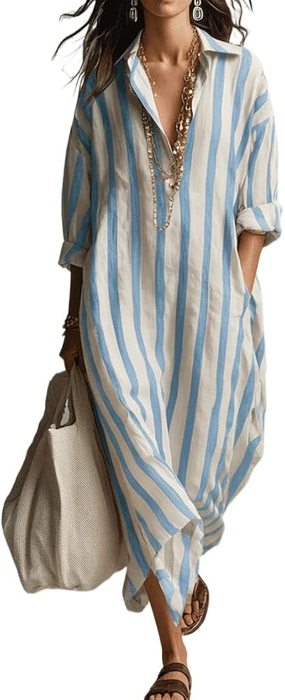 Women's Summer Striped Shirt Dress Casual Oversized Boho Beach Vacation Side Split Lapel Kaftan D... | Amazon (US)
