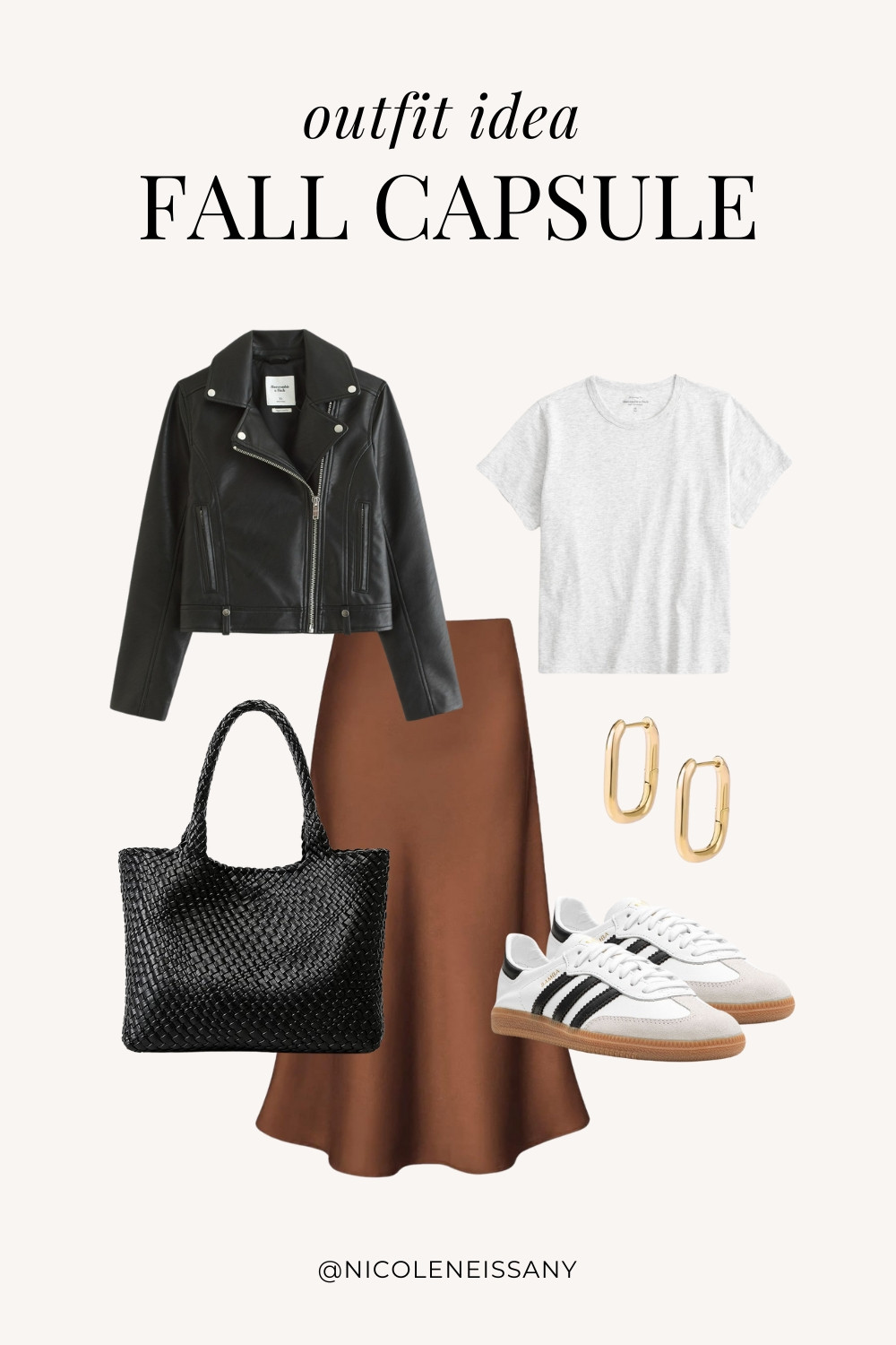 Fall Capsule Wardrobe Outfit Idea | fall capsule outfit, fall outfit, fall outfits, fall style, fall fashion, fall 2024 fashion, fall outfits 2024, fall trends 2024, fall outfit inspo, fall outfit inspiration, fall capsule wardrobe essentials, fall wardrobe essentials, fall closet essentials, fall essentials, fall basics, fall must haves, neutral capsule wardrobe, neutral outfit, neutral fashion, casual outfit, casual date night outfit, elevated casual outfit, brunch outfit, everyday outfit, Abercrombie, Abercrombie denim, Abercrombie jeans, Amazon Fashion, Revolve, Lulus, Nordstrom, H&M // fall jacket, leather jacket, moto jacket, t-shirt, basic tee, brown satin midi skirt, adidas samba decon sneakers, gold square hoop earrings, black woven tote bag

#liketkit #LTKSeasonal #LTKShoeCrush #LTKItBag #LTKStyleTip #LTKFindsUnder50 #LTKFindsUnder100 #LTKTravel #LTKSaleAlert