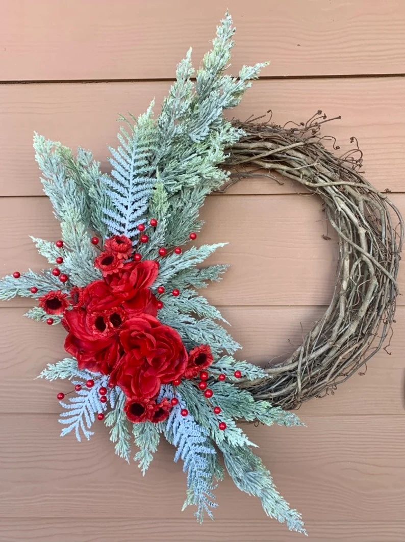 Red Christmas Wreath, Peony Wreath, Red Berry Wreath, Christmas wreath, Winter Wreath, Grapevine ... | Etsy (US)