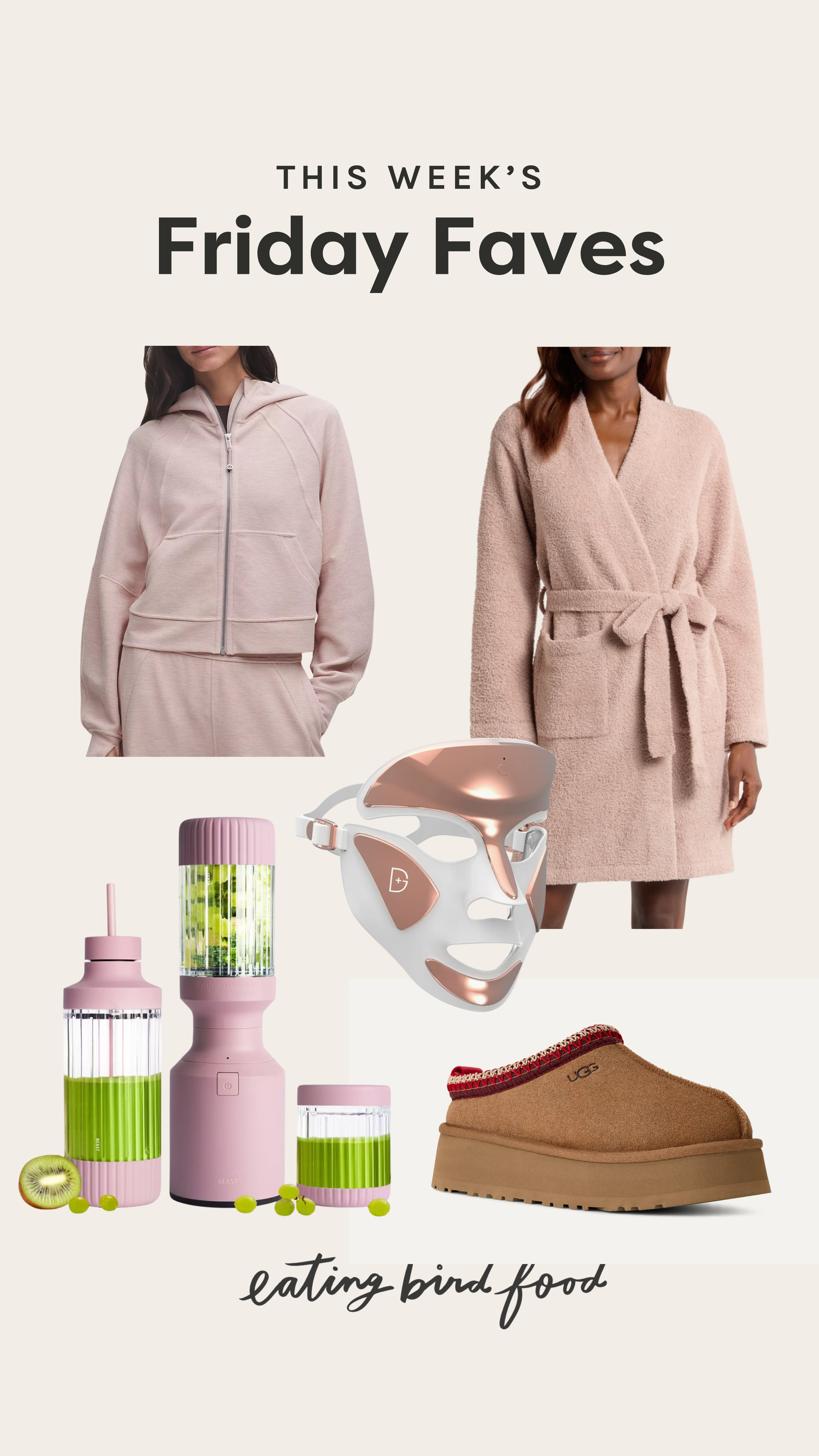 Friday Faves: My Christmas Wishlist!

1. UGG Tazz Slippers: These are at the very top of my wishlist. Everyone says they’re insanely cozy and cute enough to wear out of the house — school drop-off, coffee runs, you name it. I’m already picturing slipping them on after a workout or recipe testing, but also styling them with leggings for errands. Cozy, practical, and totally my vibe.

2. Barefoot Dreams CozyChic Robe: This robe is very high on my wishlist right now. I’ve heard people rave about how insanely soft and cozy it is, especially in the colder months. I’m picturing slow mornings, post-shower routines, and cozy self-care nights wrapped up in this dreamy texture… and honestly, I need it.

3. Scuba Oversized Full-Zip Hoodie: I’ve never owned one of these, but I’ve heard everyone rave about them — and this is the year I finally want to snag one. The oversized fit looks perfect for throwing on after a workout or heading out the door on chilly mornings. The light pink color is so cute. 

4. Omnilux Contour Face Red Light Therapy Mask: This has been on my wish-list for years. It’s supposed to help smooth wrinkles, even skin tone, and reduce breakouts with quick 3-minute red or blue light treatments — which feels perfect for my nighttime routine. I love the idea of having an at-home skincare upgrade that’s simple enough to actually stick with.

5. Beast Health Blender Mighty Compact Personal Blender: I love, love my Vitamix but I've been wanting a smaller blender for quick, ultra-smooth protein shakes and smaller batch dips and sauces. This one is known to be It's compact, powerful and the color is cue too.  

 #LTKGiftGuide #LTKHome #LTKBeauty