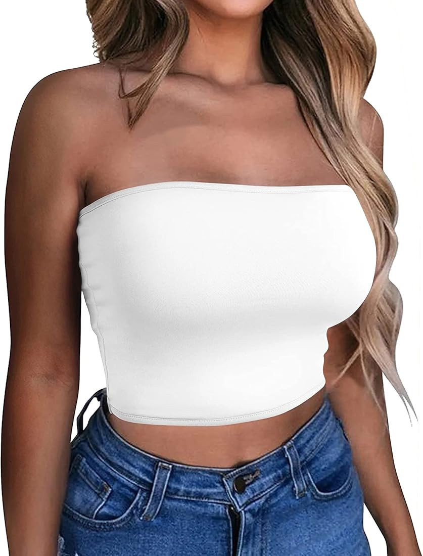 Smile Fish Women's Summer Sexy Tube Top Solid Sleeveless Strappy Fitted Bandeau Crop Top | Amazon (US)