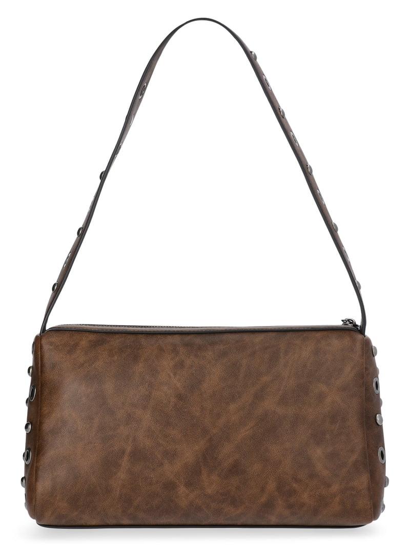 No Boundaries Women's Faux Leather Studded Moto Shoulder Bag, Brown | Walmart (US)