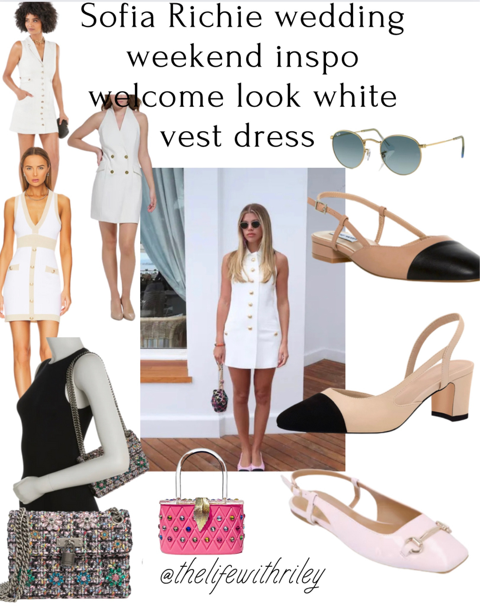 Sophia Richie wedding weekend welcome look inspo 

White vest dress, Sophia richie style, sling back shoes, white dress, aviators 

#LTKFind #LTKstyletip