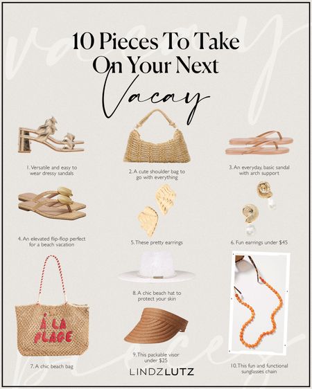 10 Pieces to Take on Your Next Vacay | gold heels, raffia beaded should bag, woven visor, summer flip flops, gold earrings 

#LTKSeasonal
