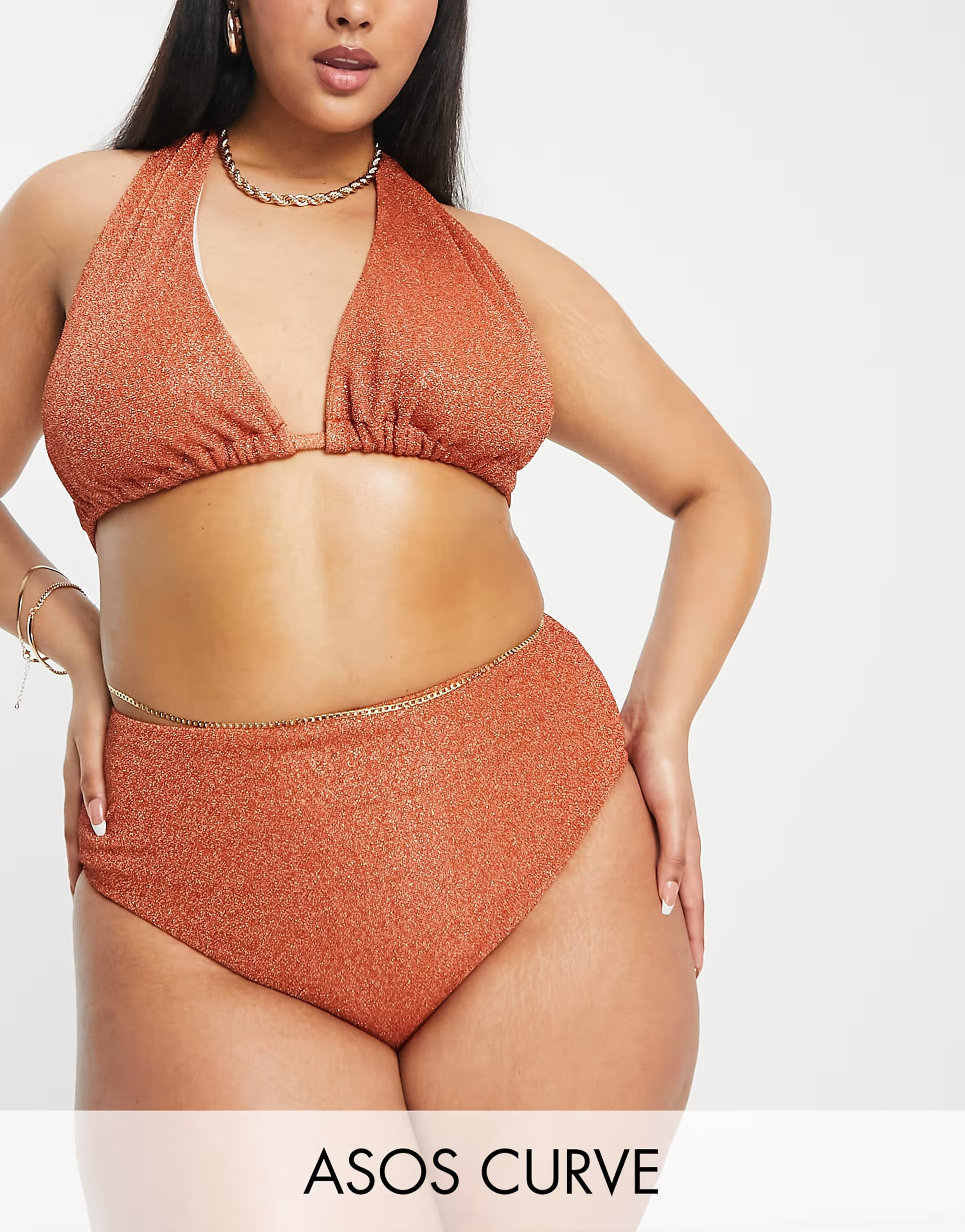 ASOS DESIGN Curve mix and match high waist bikini bottom in rust glitter | ASOS (Global)