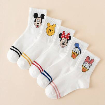 5 Pairs Women Creative Cartoon Disney Donald Daisy Patterned Mid-Calf Socks, Sports Socks, All Seasons, European Size, Comfortable, Breathable, Suitab | SHEIN