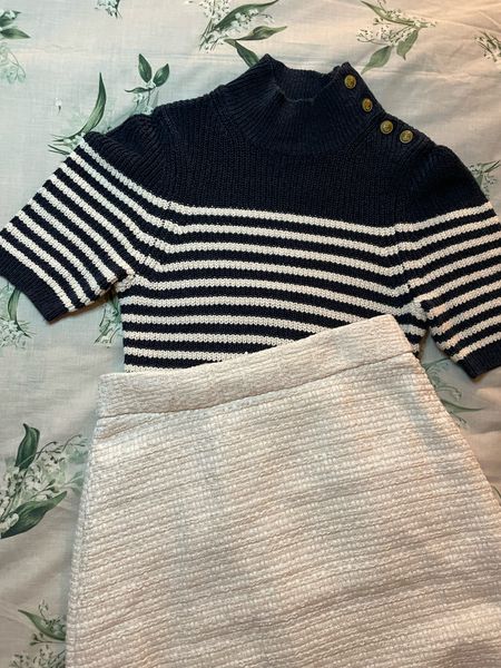 Preppy chic fall outfit idea. Short sleeved striped sweater with textured skirt. 

#LTKSeasonal